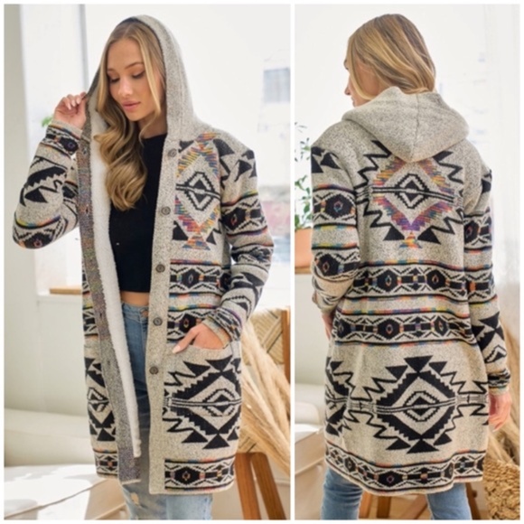 Oatmeal Rainbow Aztec Sherpa Lined Knit Button Hooded Cardigan Sweater - Picture 1 of 6
